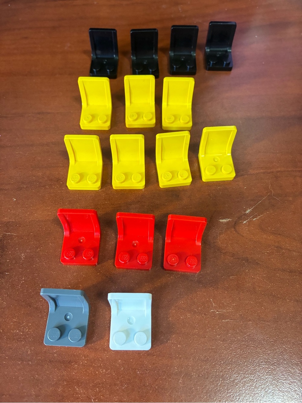 Lego Mini Chair Pieces in Yellow, Red, Black, Gray, White